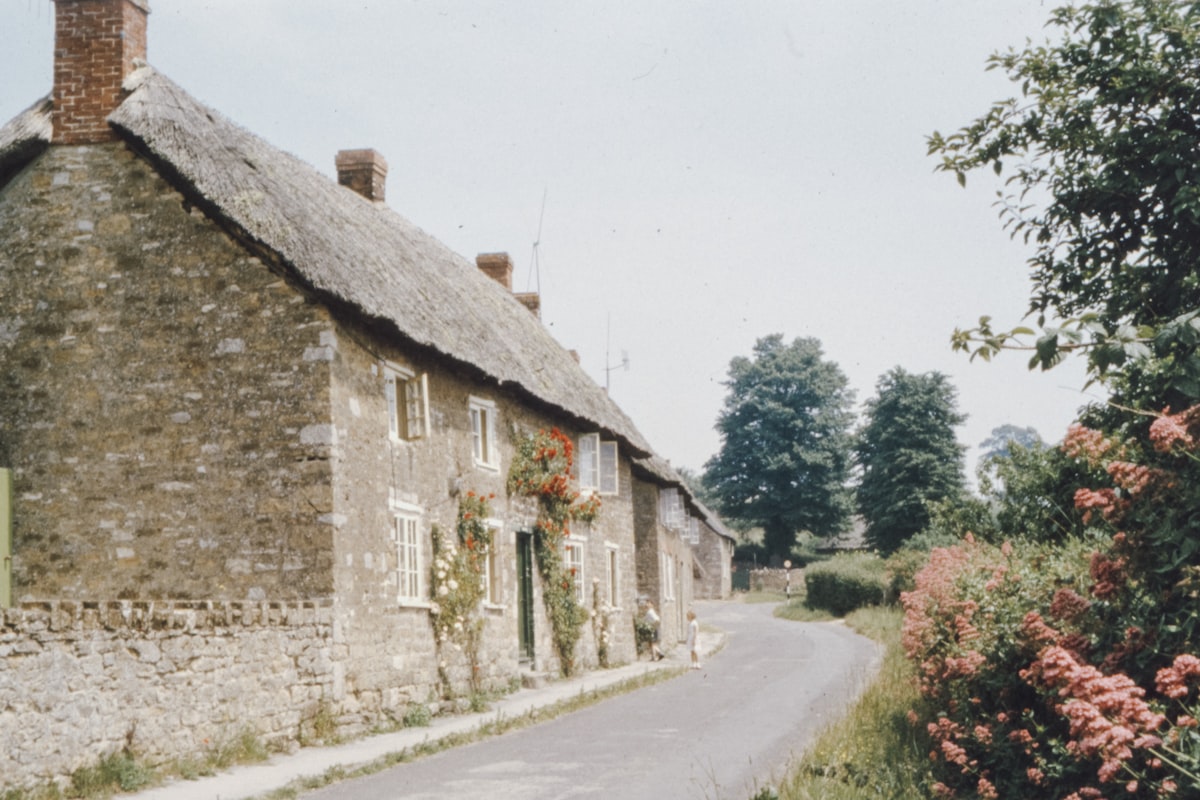 Thatched stone cottage with red flowers in a rural English village